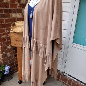 ANDERSON & LAUTH "ELLA" ANTHROPOLOGIE FAUX DUEDE LONG FRINGE BOHO CAPE